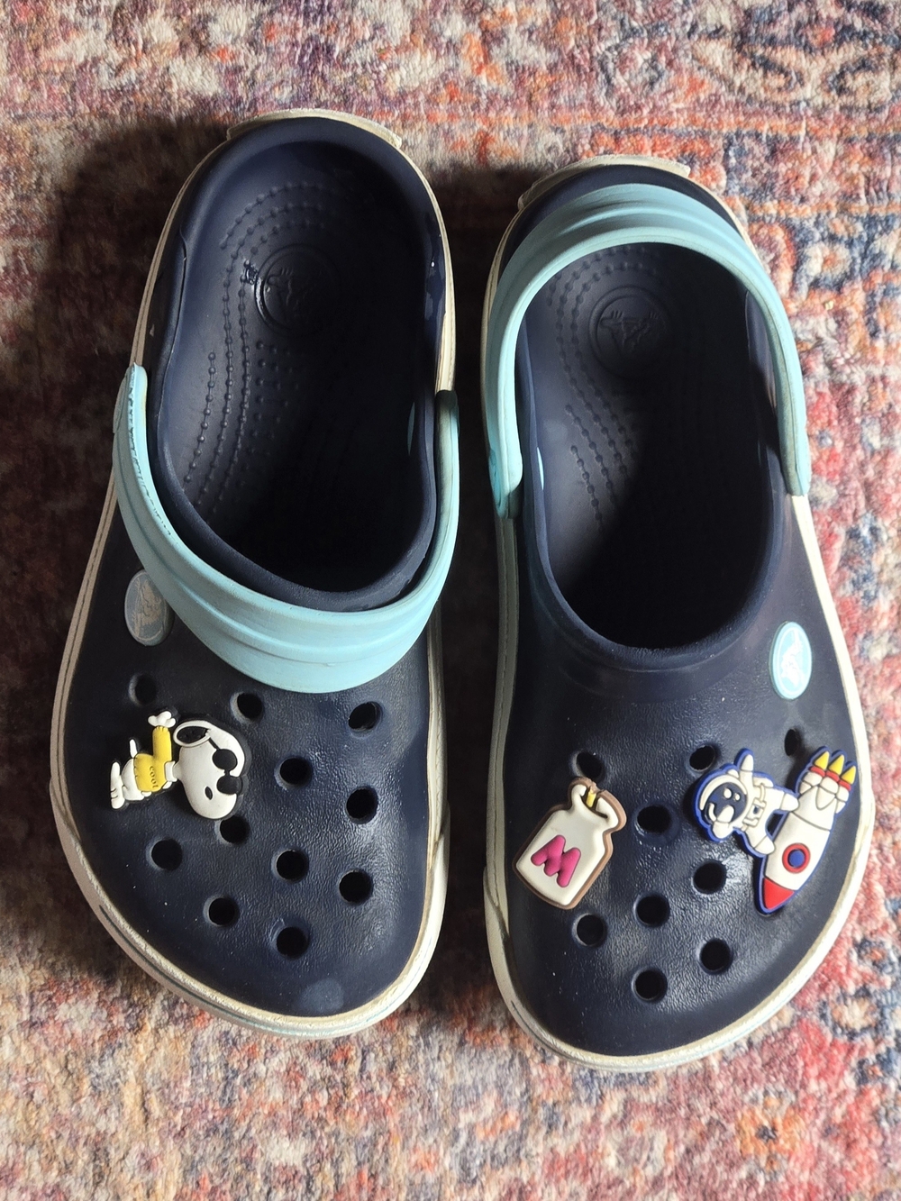 CROCS Kids Navy Clogs with Mint Green Strap and Cartoon Charms